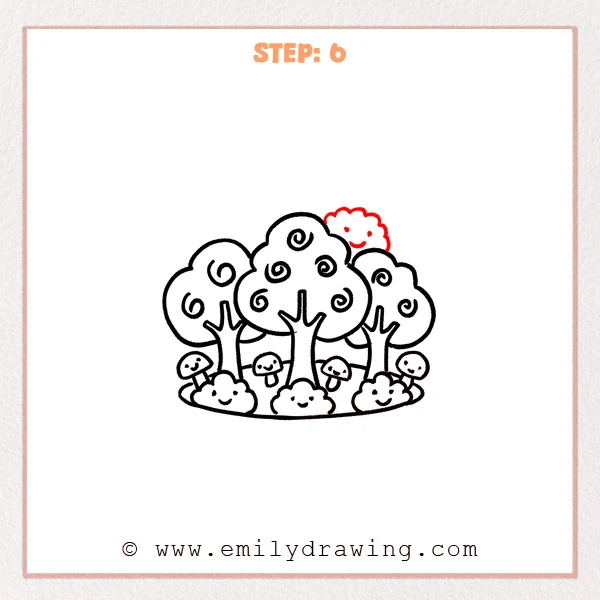 how to draw a forest - Completed forest drawing adds a smiling scalloped shape behind the upper right treetops.