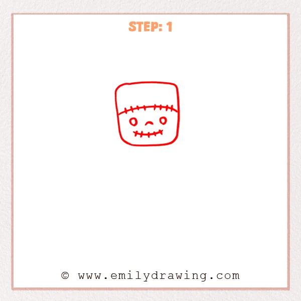 how to draw a frankenstein - Frankenstein drawing begins with a rounded rectangular head, forehead stitches, eyes, nose, and stitched smile.