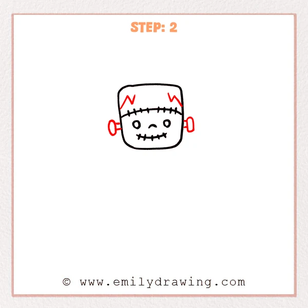 how to draw a frankenstein - Frankenstein drawing adds angular hair edges and rounded bolts beside the head.