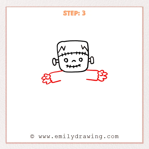 how to draw a frankenstein - Frankenstein drawing gains outstretched sleeves, wavy cuffs, and rounded hands.