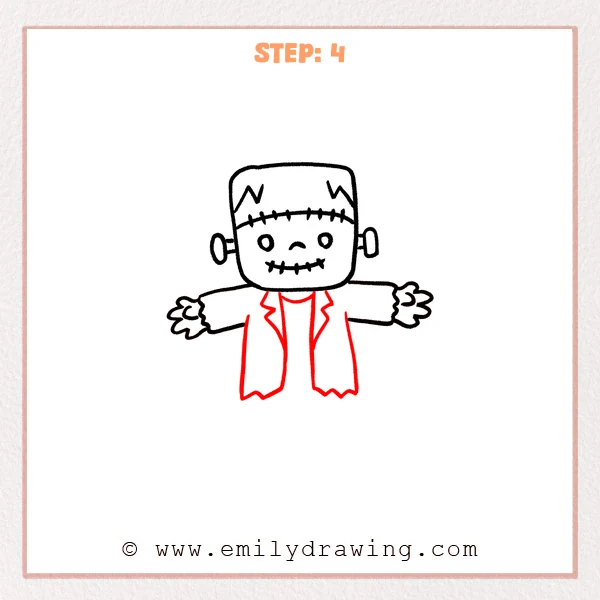 how to draw a frankenstein - Frankenstein drawing adds an open jacket with pointed lapels, a curved neckline, and ragged hems.