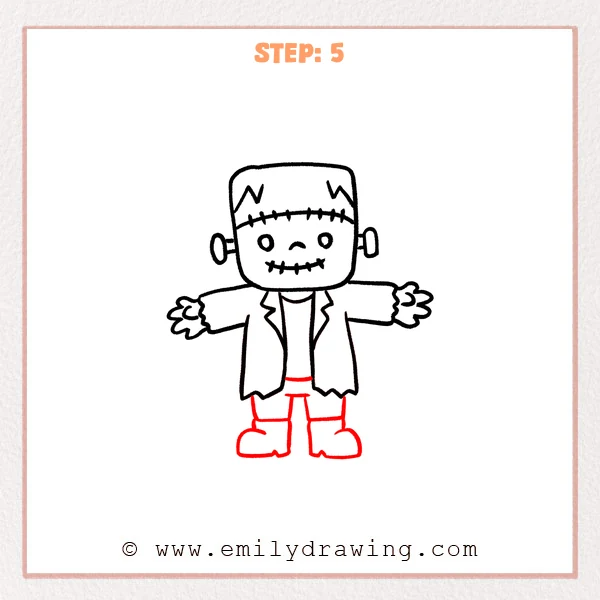 how to draw a frankenstein - Frankenstein drawing gains a shirt hem, two trouser legs, and broad boots.