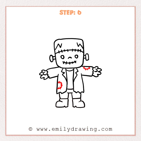 how to draw a frankenstein - Completed Frankenstein drawing adds stitched repair seams to the right sleeve and left jacket panel.