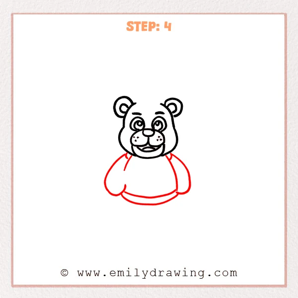 how to draw a freddy fazbear - Freddy Fazbear drawing adds a rounded torso, lower body band, arms, and shoulder joint curves.