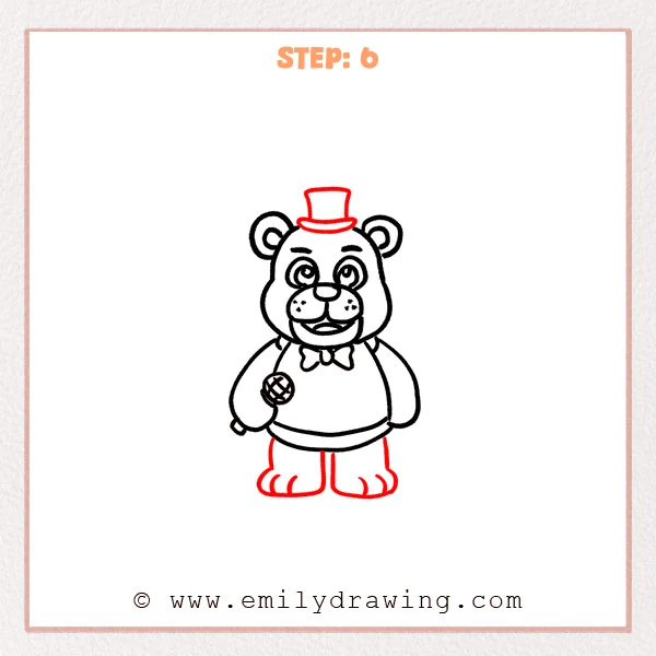 how to draw a freddy fazbear - Completed Freddy Fazbear drawing adds a top hat, short legs, broad feet, and toe curves.