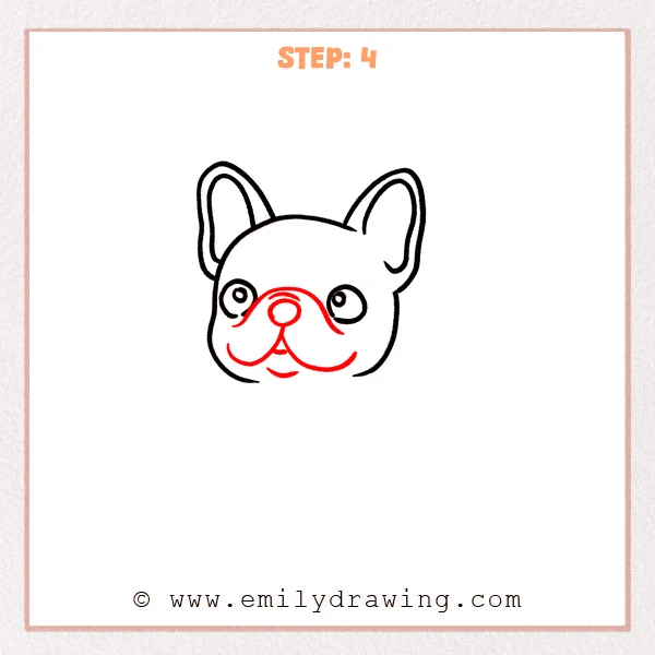 how to draw a french bulldog - French bulldog drawing adds a rounded nose, broad muzzle curves, nose wrinkle, mouth, and chin mark.