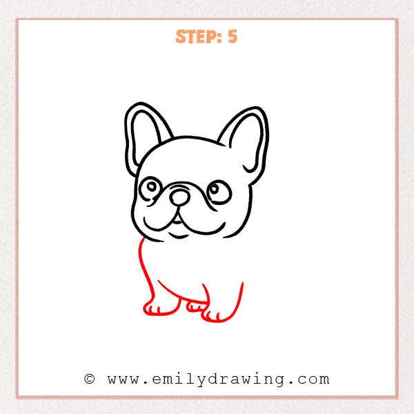 how to draw a french bulldog - French bulldog drawing gains two front legs, a curved chest, and a small rear paw.