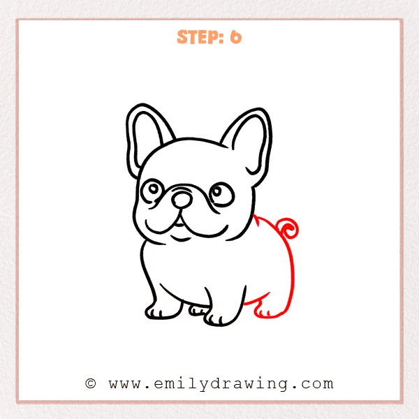 how to draw a french bulldog - Completed French bulldog drawing adds the rounded back, rear leg, belly curve, and curled tail.