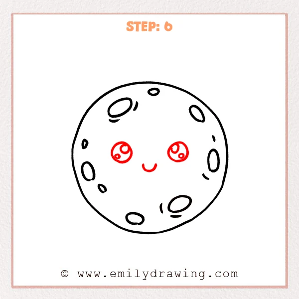 how to draw a full moon - Completed full moon drawing adds two eyes with circular highlights and a curved smile.