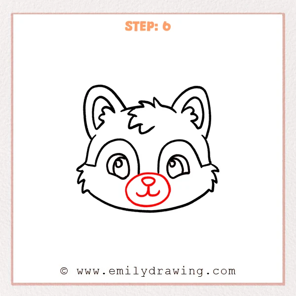 how to draw a furry head - Completed furry head drawing adds an oval muzzle, rounded triangular nose, and split curved smile.